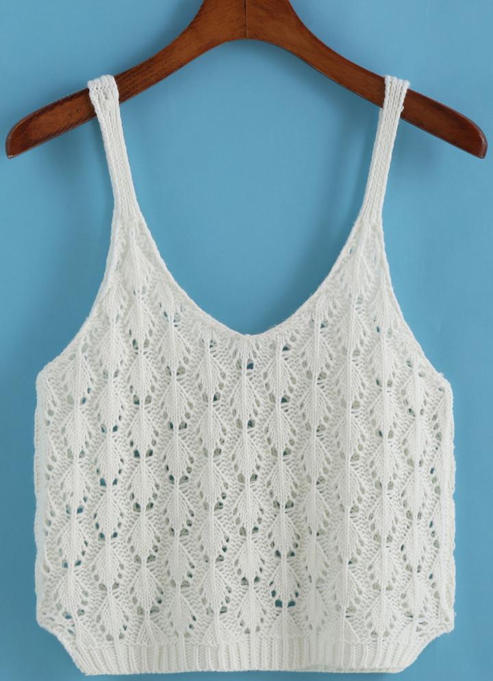 Romwe Spaghetti Strap Hollow Knit White Cami Top