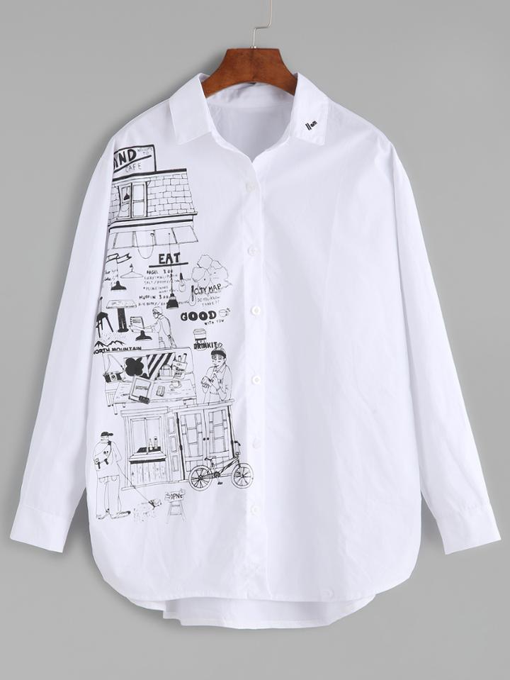 Romwe White Cartoon Print Embroidered Blouse