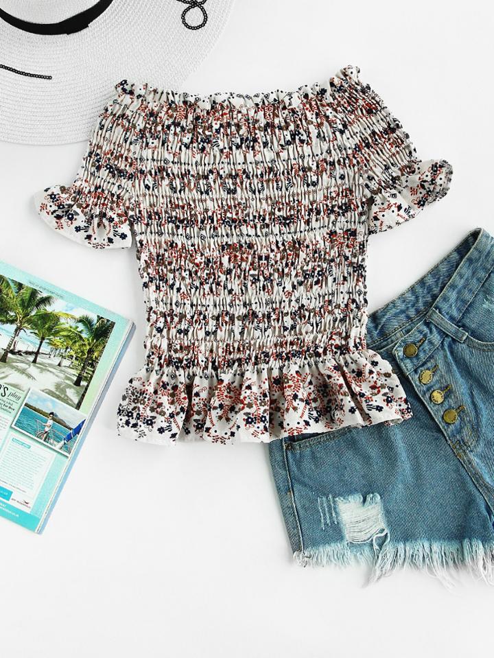 Romwe Ditsy Print Random Frill Hem Pleated Blouse