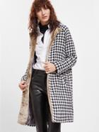 Romwe Black And White Faux Fur Trim Houndstooth Coat