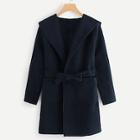 Romwe Solid Self Tie Waist Hooded Coat