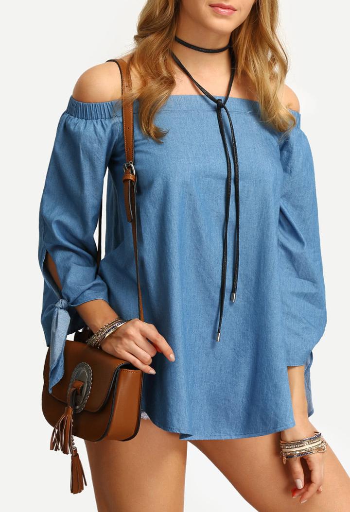 Romwe Off The Shoulder Tie Cuff Blouse