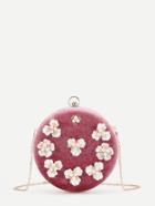 Romwe Faux Pearl Flower Decorated Round Velvet Chain Bag