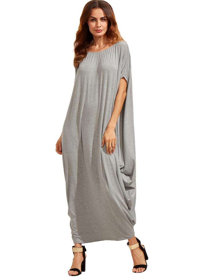 Romwe Light Grey One Shoulder Dolman Sleeve Maxi Dress