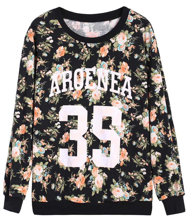 Romwe Aroenea 35 Print Black Sweatshirt
