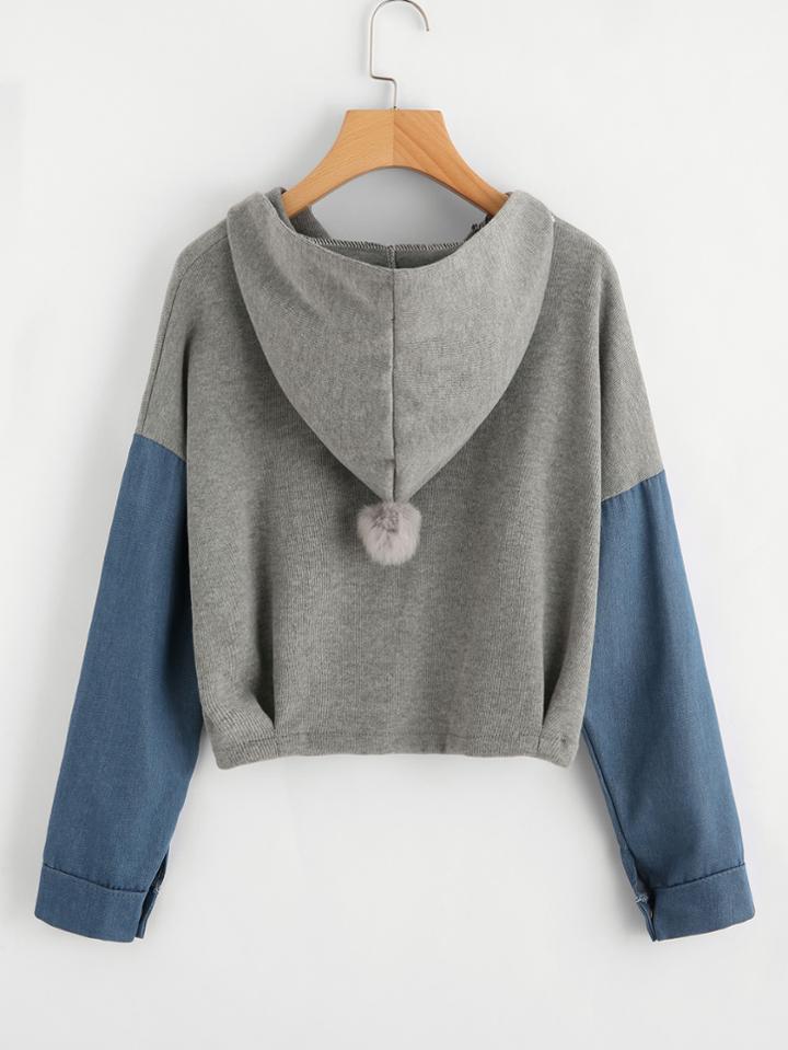 Romwe V Cut Neck Drop Shoulder Contrast Sleeve Hoodie