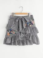 Romwe Embroidered Check Asymmetric Frill Trim Self Tie Skirt
