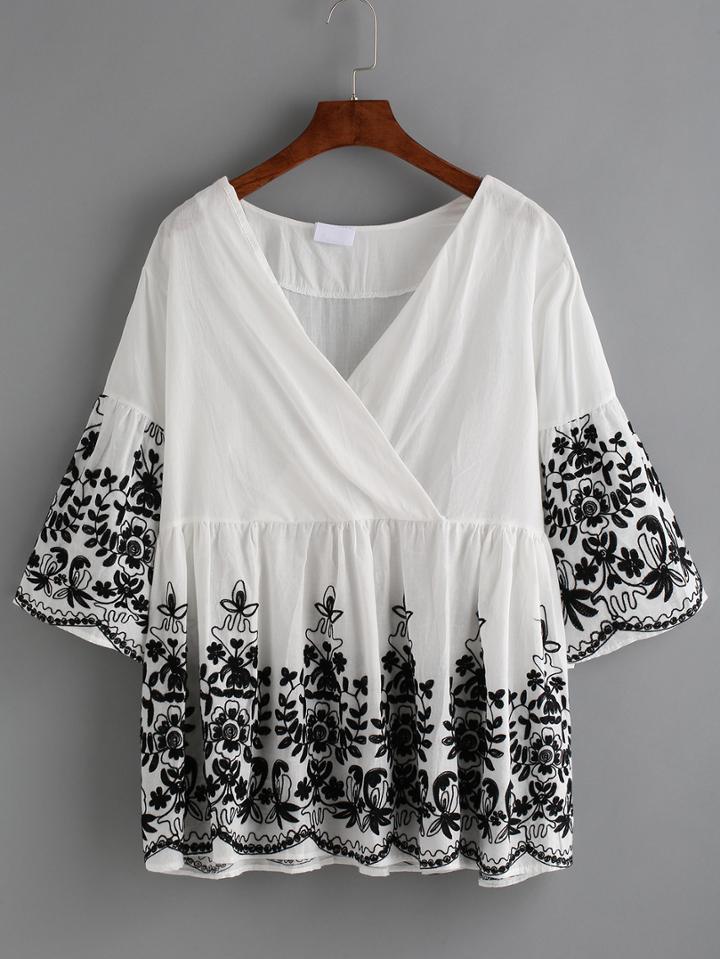 Romwe V Neck Embroidery Bell Sleeve Wrap Blouse