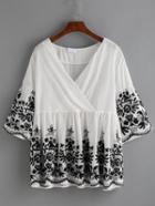 Romwe V Neck Embroidery Bell Sleeve Wrap Blouse