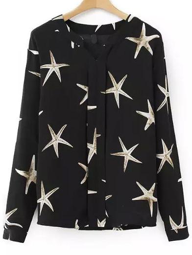 Romwe V Neck Starfish Prrint Black Blouse