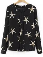 Romwe V Neck Starfish Prrint Black Blouse