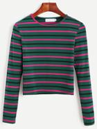 Romwe Dark Green Striped Long Sleeve T-shirt