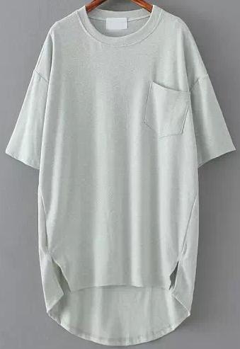 Romwe Grey Pocket Split Dip Hem T-shirt