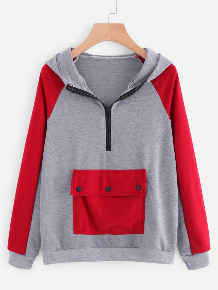 Romwe Hooded Contrast Sleeve Zip Front Sweatshirt
