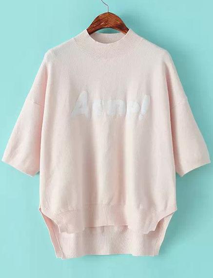 Romwe Pink Half Sleeve Acne Print Dip Hem Knitwear