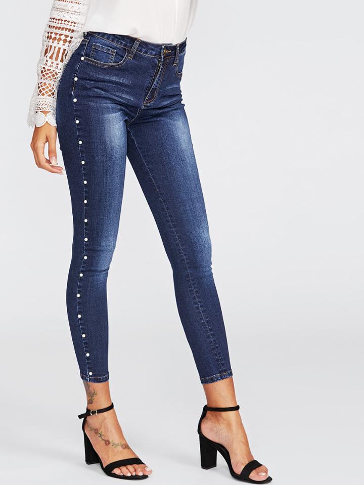 Romwe Pearl Beaded Faded Wash Jeans