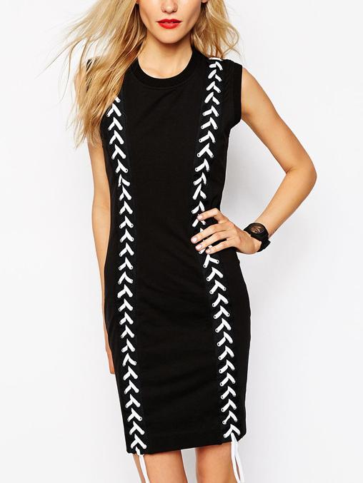 Romwe Black Round Neck Lace Up Front Bodycon Dress