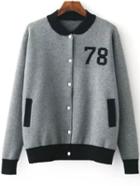 Romwe Grey Varsity Knitted Bomber Jacket With Buttons