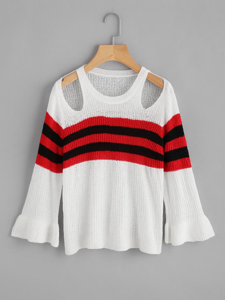 Romwe Cut Out Shoulder Striped Trim Knit Sweater
