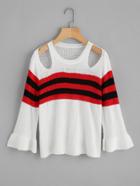 Romwe Cut Out Shoulder Striped Trim Knit Sweater
