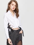 Romwe White Eyelet Lace Up Side Knot Front Crop Blouse