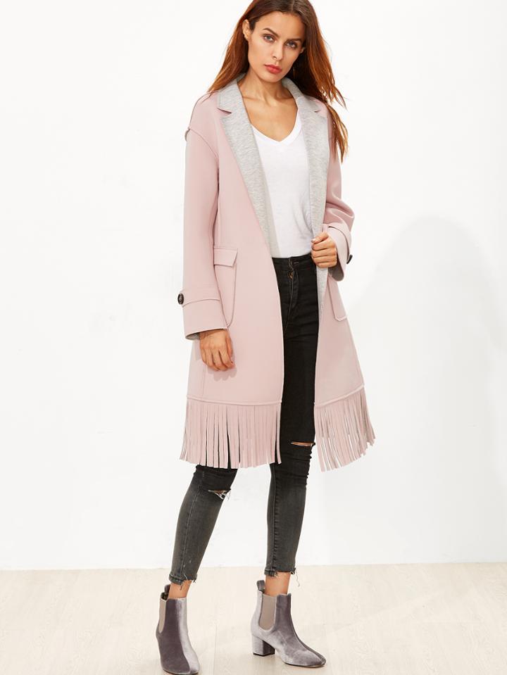 Romwe Pink Double Face Drop Shoulder Fringe Coat