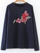 Romwe Navy Flower Embroidery Raglan Sleeve Sweatshirt