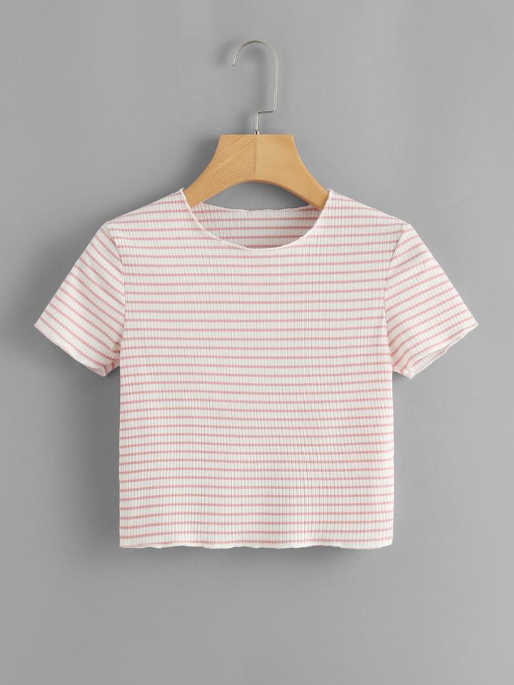 Romwe Striped Ribbed Crop Tee