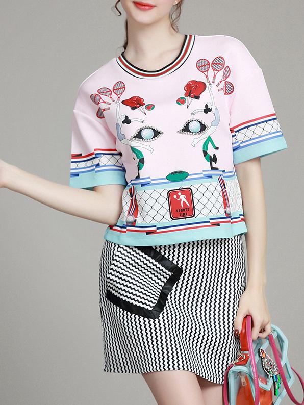Romwe Multicolor Beading Top With Zigzag Print Skirt