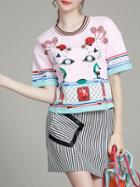 Romwe Multicolor Beading Top With Zigzag Print Skirt