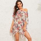 Romwe Tropical Print Tassel Trim Cover Up
