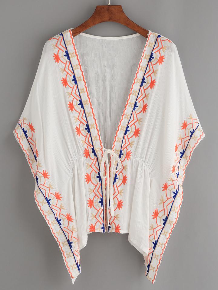 Romwe White Tie-front Embroidered Poncho Blouse