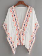 Romwe White Tie-front Embroidered Poncho Blouse
