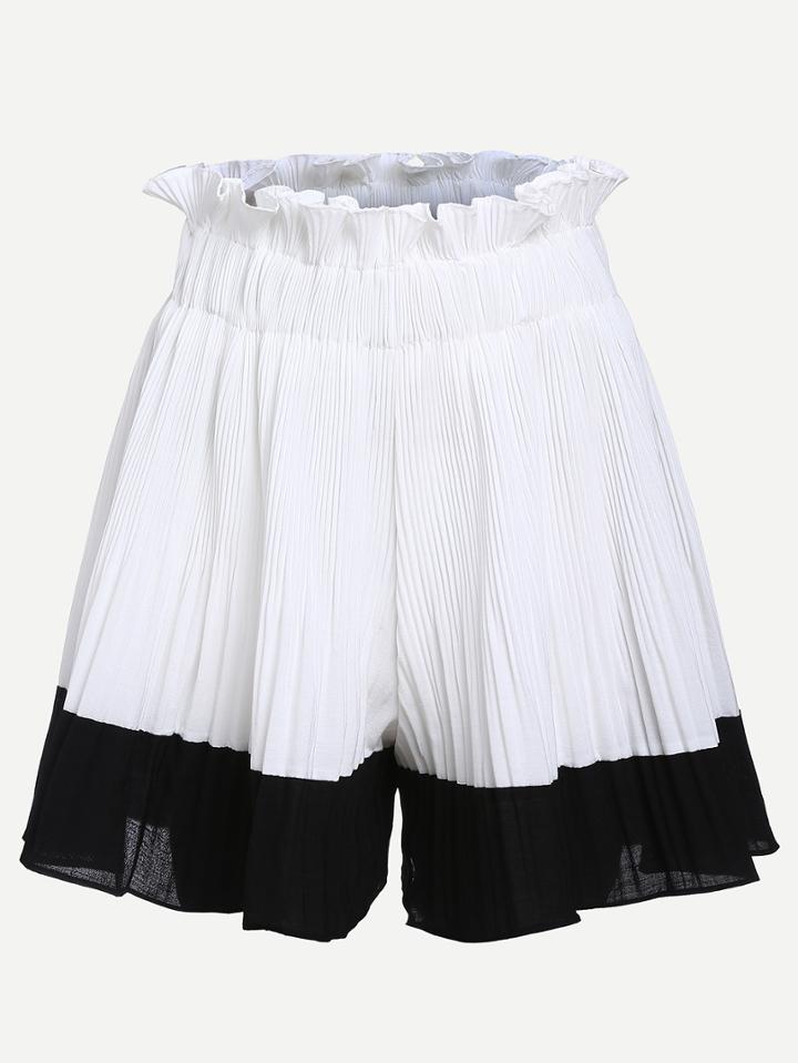 Romwe Ruffled Waist Contrast Pleated Wide Leg Shorts