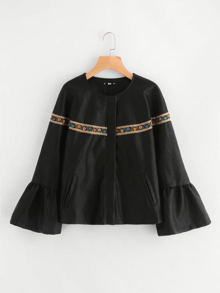 Romwe Embroidery Patch And Beading Fringe Detail Jacket
