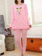 Romwe Cartoon Print Tee & Striped Pants Pj Set