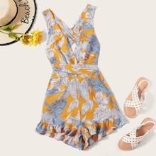 Romwe Crisscross Open Back Jungle Leaf Print Ruffle Romper
