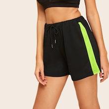 Romwe Contrast Panel Drawstring Waist Shorts