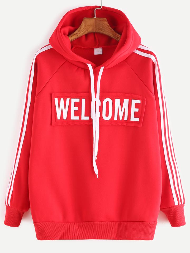 Romwe Red Letter Print Striped Raglan Sleeve Drawstring Hoodie