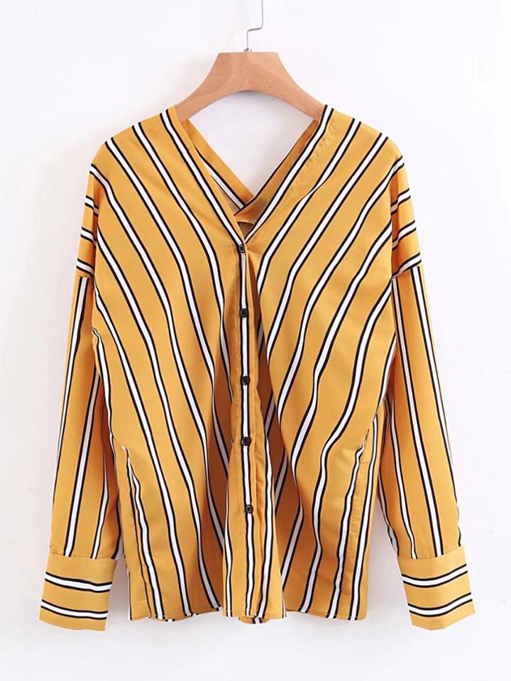 Romwe Double V Neck Vertical Striped Blouse