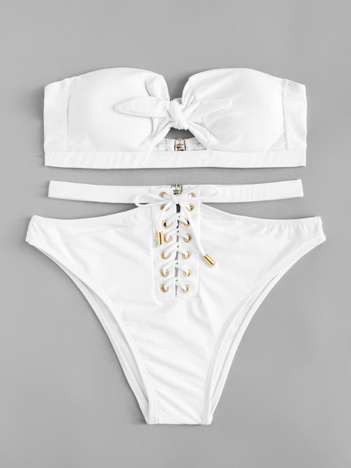 Romwe Lace Up Knot Bikini Set