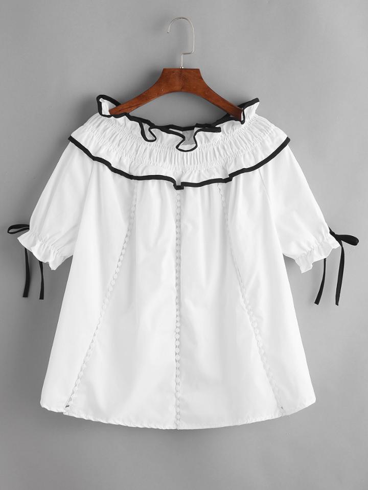 Romwe Bow Self-tie Lettuce Edge Trim Shirred Top