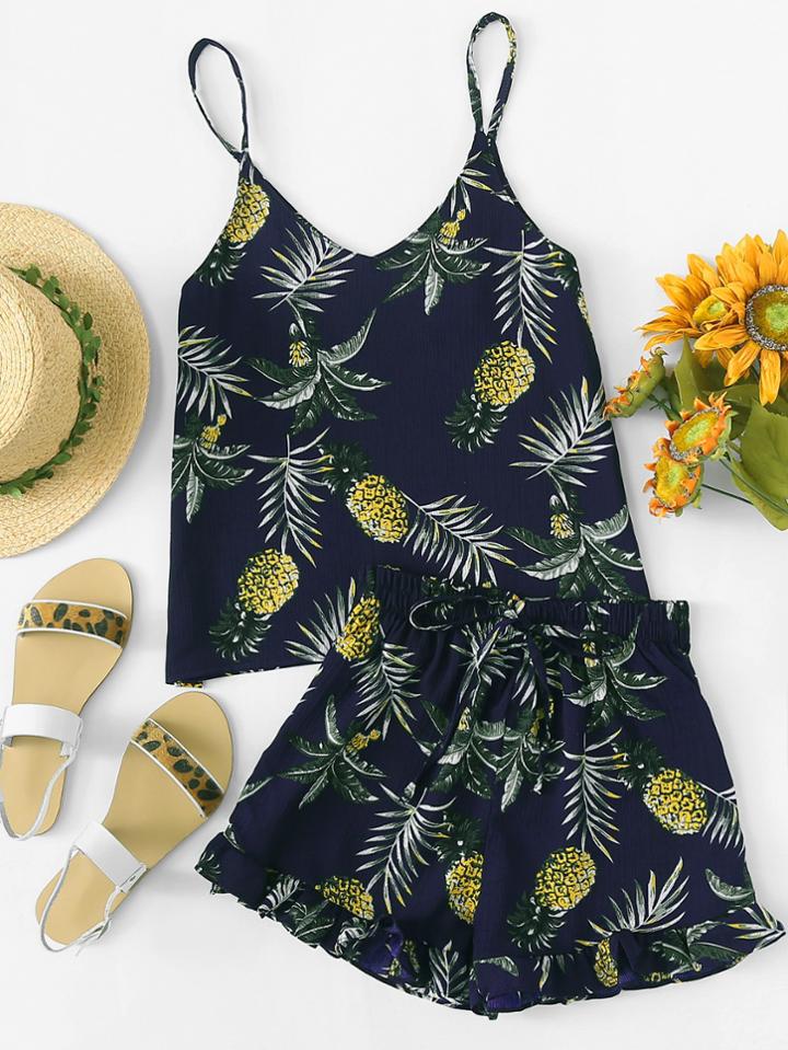 Romwe Pineapple Print Cami With Ruffle Hem Shorts