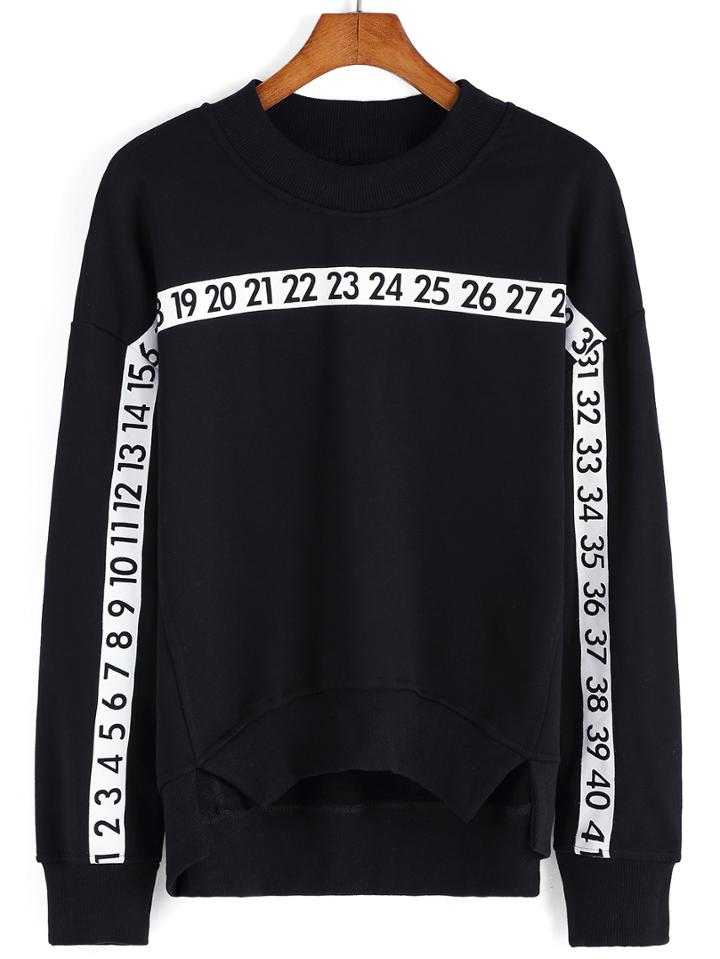 Romwe Number Print High Low Black Sweatshirt