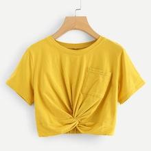 Romwe Solid Twist Front Crop Tee