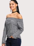 Romwe Off Shoulder Lettuce Trim Checked Top