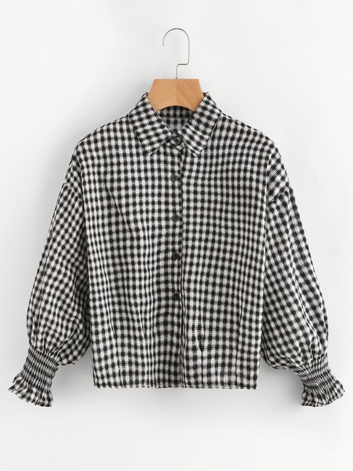 Romwe Lantern Sleeve Shirred Cuff Gingham Shirt
