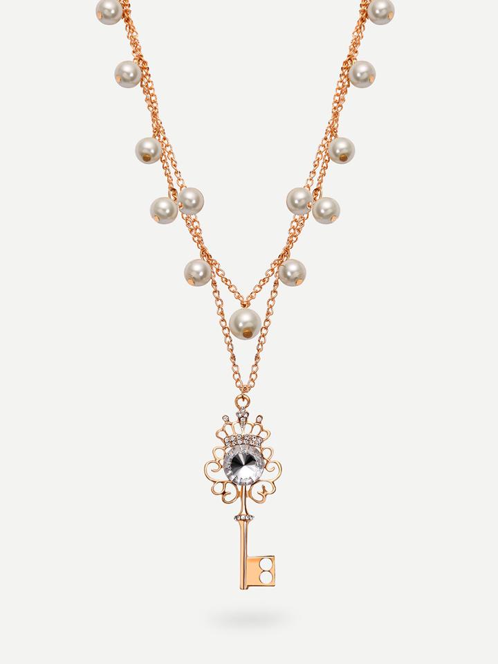 Romwe Rhinestone Pendant Pearl Necklace