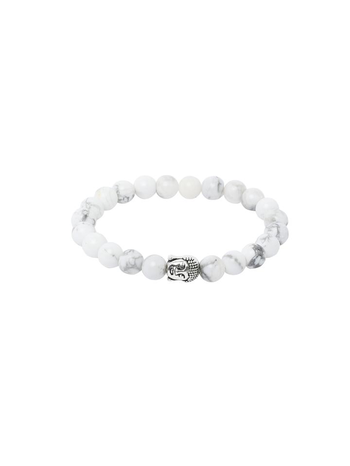 Romwe White Network Stone Beaded Buddha Head Stretch Charm Bracelet