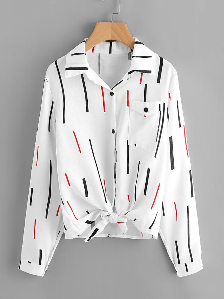 Romwe Chest Pocket Knot Front Shirt